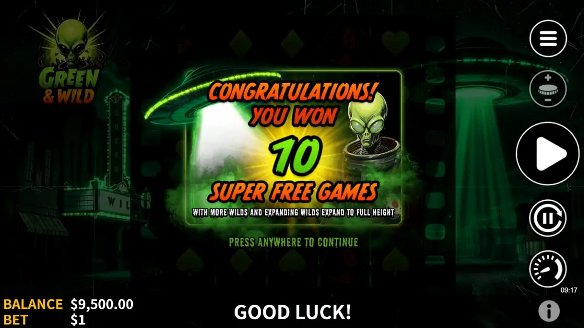 Tangkapan layar game slot Green & Wild menampilkan gulungan di tengah hutan yang rimbun dengan simbol wild yang bersinar.