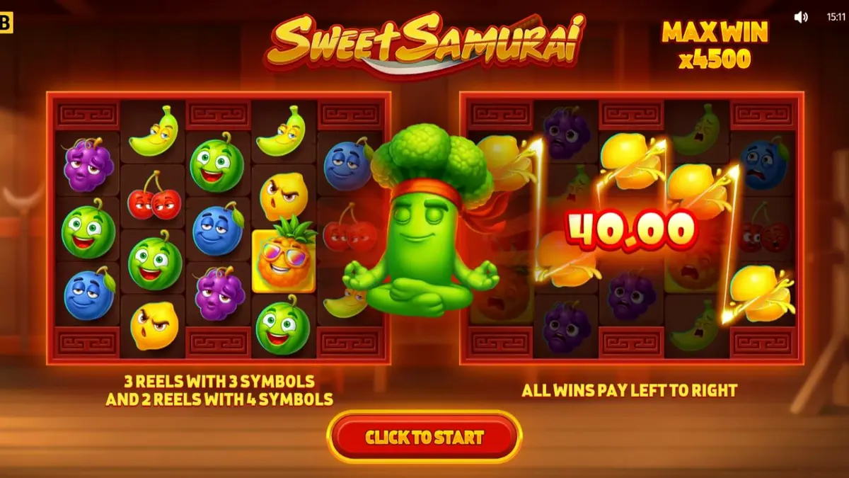 Broccoli Samurai berdiri di depan grid slot Sweet Samurai yang penuh dengan simbol buah berwarna-warni.